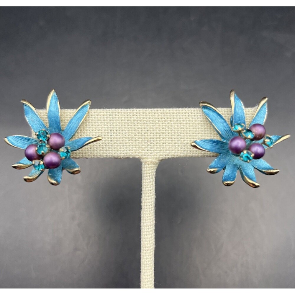 Kramer Flower Clip On Earrings Blue Purple Enamel Rhinestone Faux Pearl Vintage